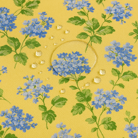 Blue Hydrangea Floral PEVA Tablecloth – Waterproof Flannel Back, Yellow Background