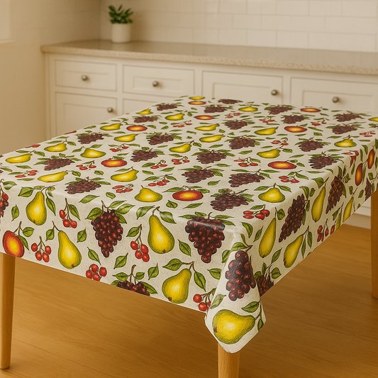 Harvest Fruit Medley PEVA Tablecloth – Beige Background with Grapes, Pears & Peaches