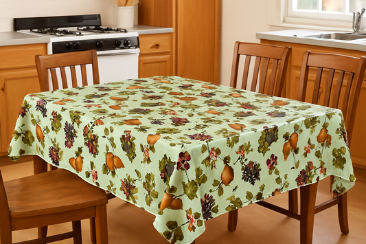 Green Orchard Fruit PEVA Tablecloth – Waterproof with Grapes, Pears & Cherries