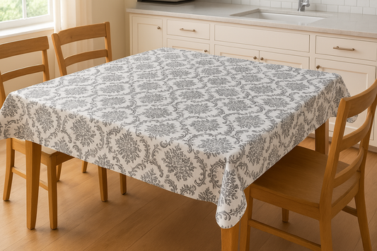 Gray Damask Scroll PEVA Tablecloth – Elegant Waterproof Design