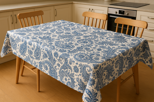 Blue Vintage Paisley Floral PEVA Tablecloth – Flannel Backed