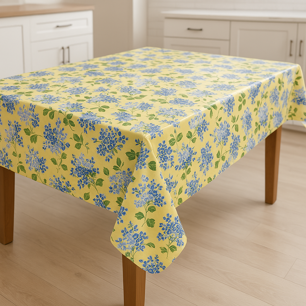 Blue Hydrangea Floral PEVA Tablecloth – Waterproof Flannel Back, Yellow Background