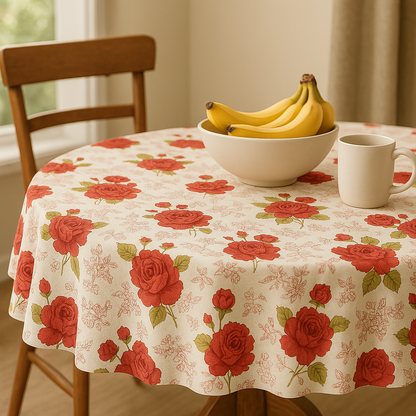 Classic Red Rose Floral PEVA Tablecloth – Romantic Vintage Style