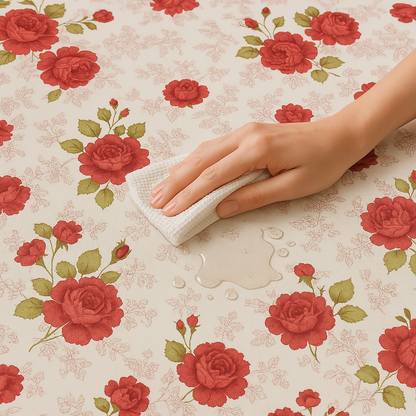 Classic Red Rose Floral PEVA Tablecloth – Romantic Vintage Style