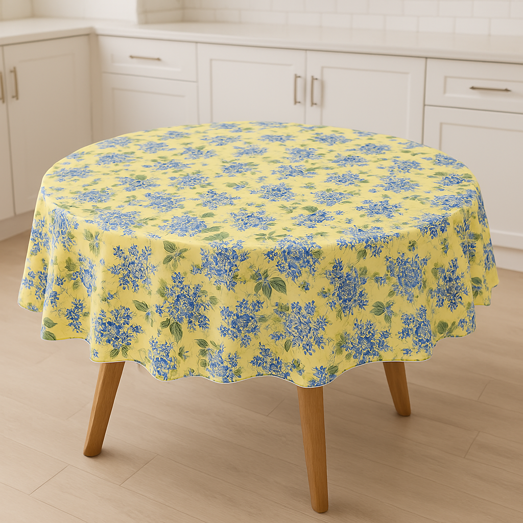 Blue Hydrangea Floral PEVA Tablecloth – Waterproof Flannel Back, Yellow Background