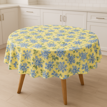 Blue Hydrangea Floral PEVA Tablecloth – Waterproof Flannel Back, Yellow Background