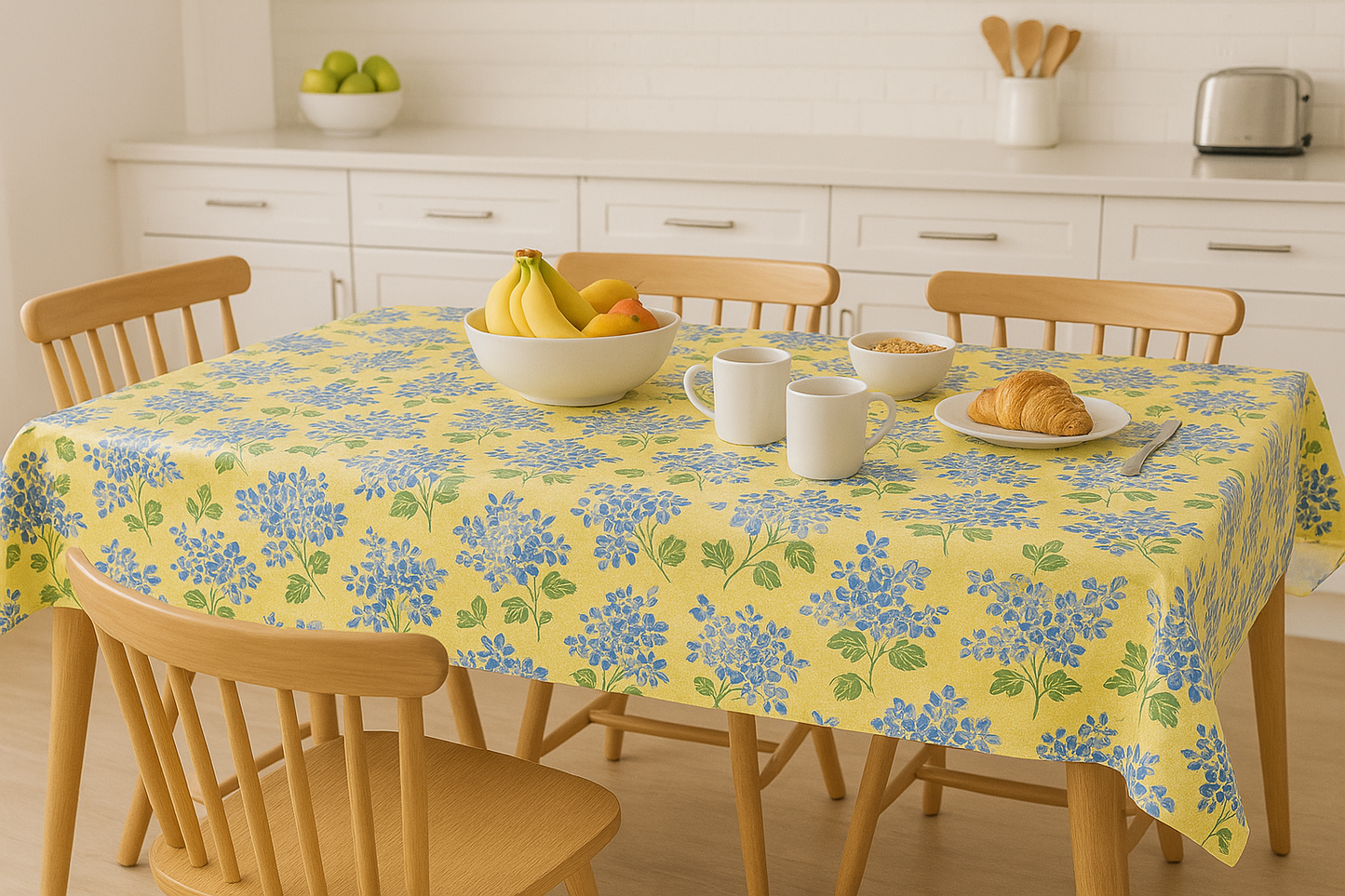 Blue Hydrangea Floral PEVA Tablecloth – Waterproof Flannel Back, Yellow Background