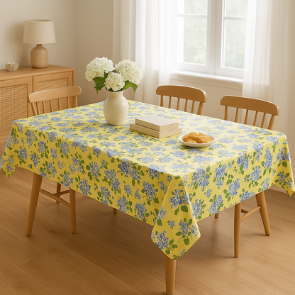 Blue Hydrangea Floral PEVA Tablecloth – Waterproof Flannel Back, Yellow Background