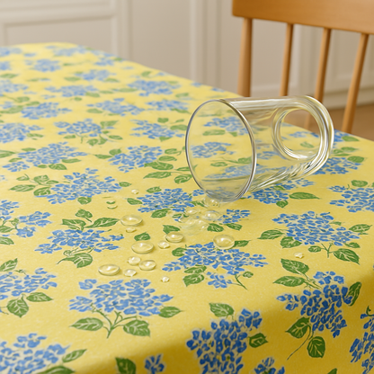 Blue Hydrangea Floral PEVA Tablecloth – Waterproof Flannel Back, Yellow Background