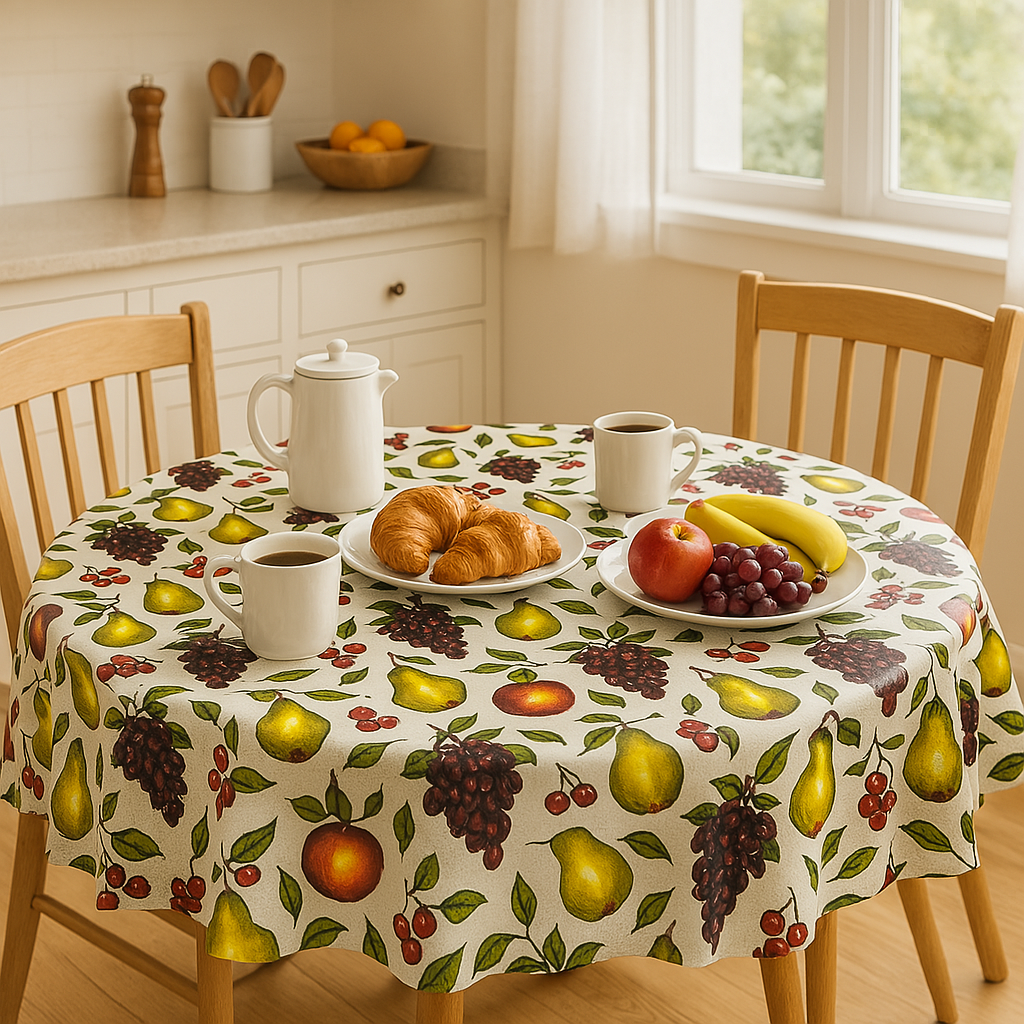 Harvest Fruit Medley PEVA Tablecloth – Beige Background with Grapes, Pears & Peaches