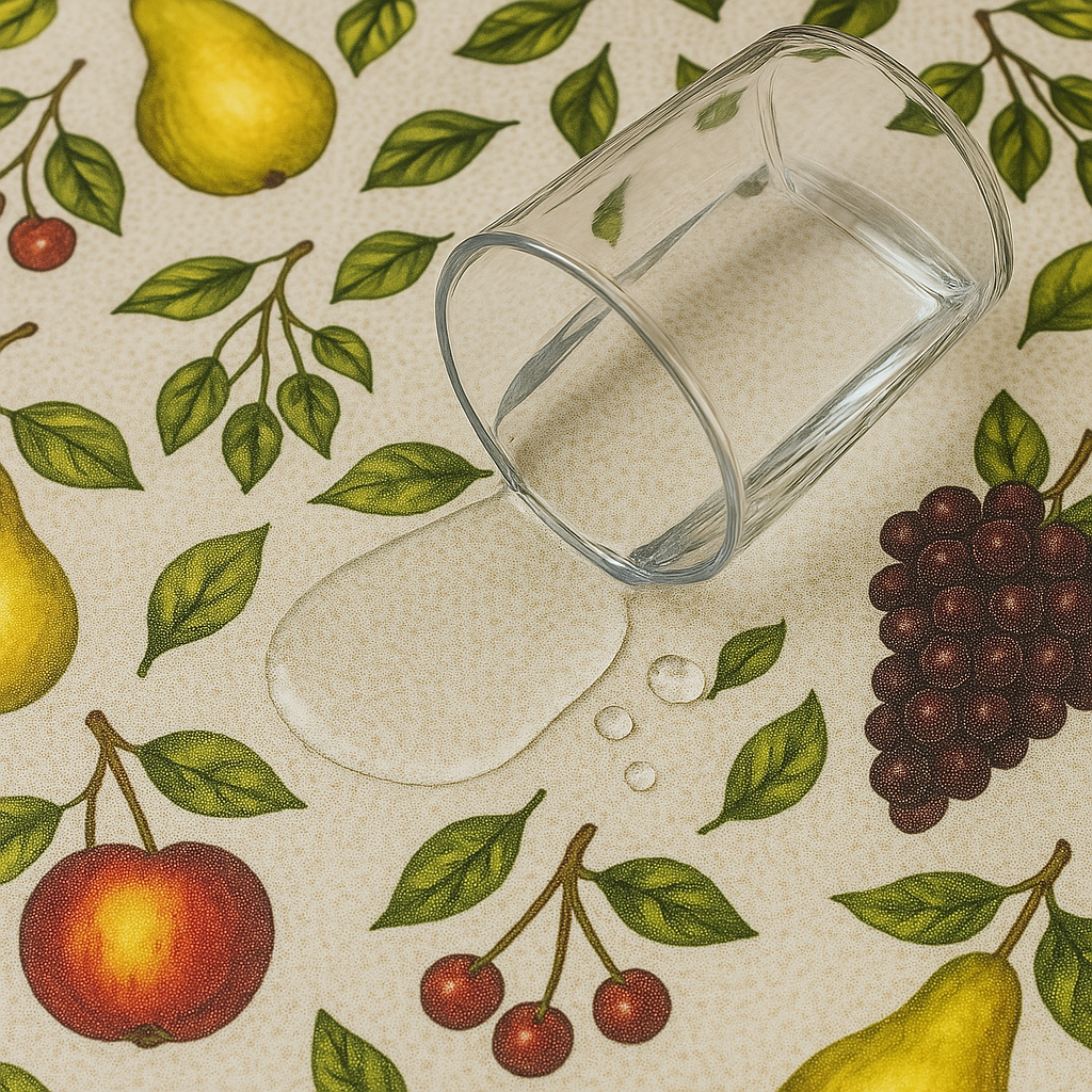 Harvest Fruit Medley PEVA Tablecloth – Beige Background with Grapes, Pears & Peaches
