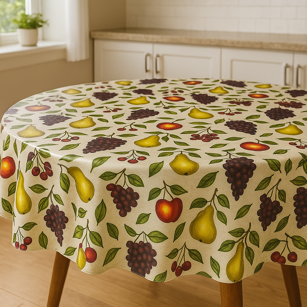 Harvest Fruit Medley PEVA Tablecloth – Beige Background with Grapes, Pears & Peaches
