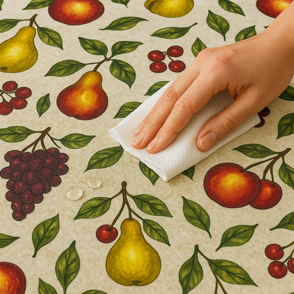 Harvest Fruit Medley PEVA Tablecloth – Beige Background with Grapes, Pears & Peaches