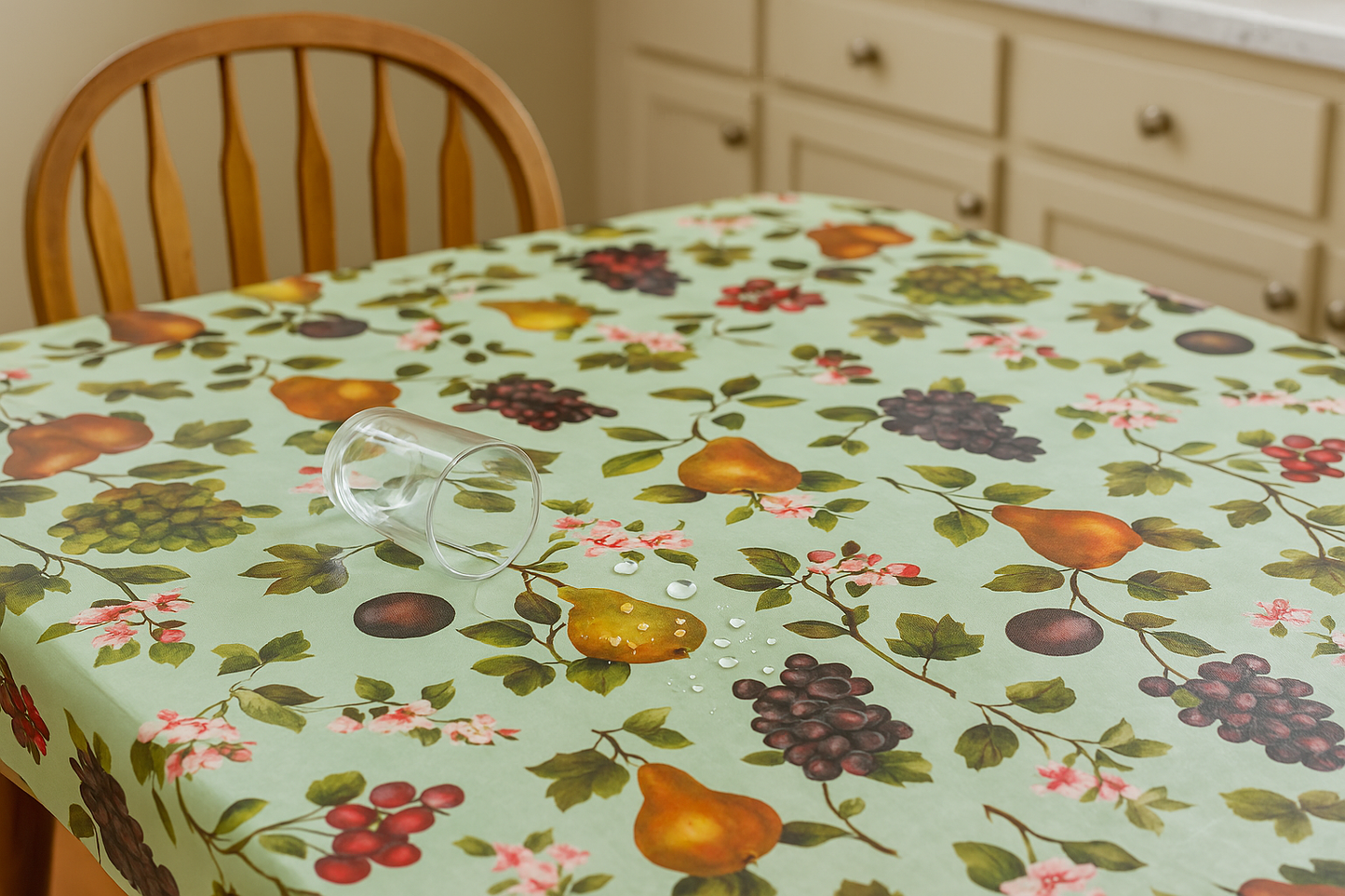 Green Orchard Fruit PEVA Tablecloth – Waterproof with Grapes, Pears & Cherries