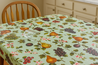 Green Orchard Fruit PEVA Tablecloth – Waterproof with Grapes, Pears & Cherries