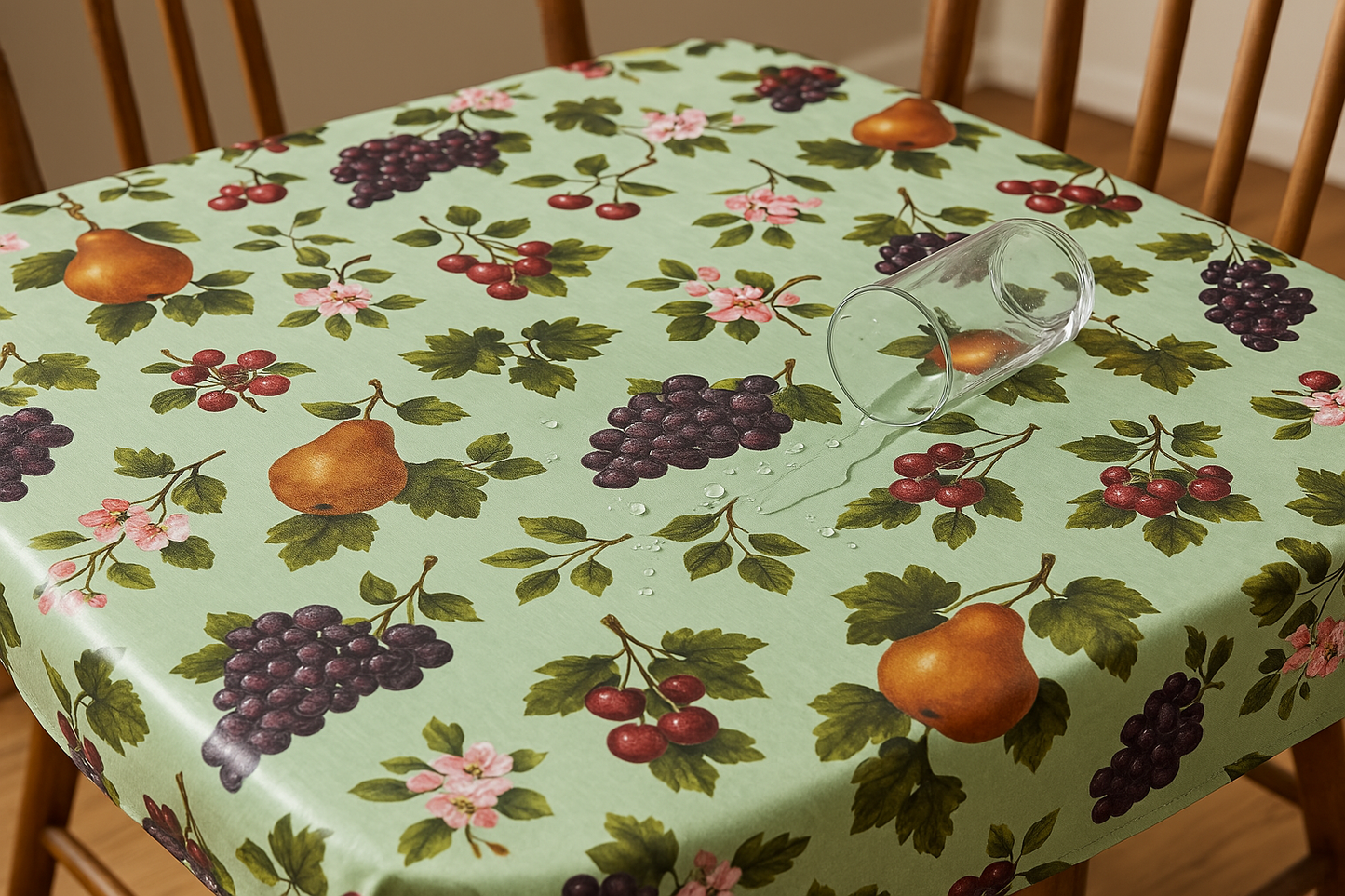 Green Orchard Fruit PEVA Tablecloth – Waterproof with Grapes, Pears & Cherries