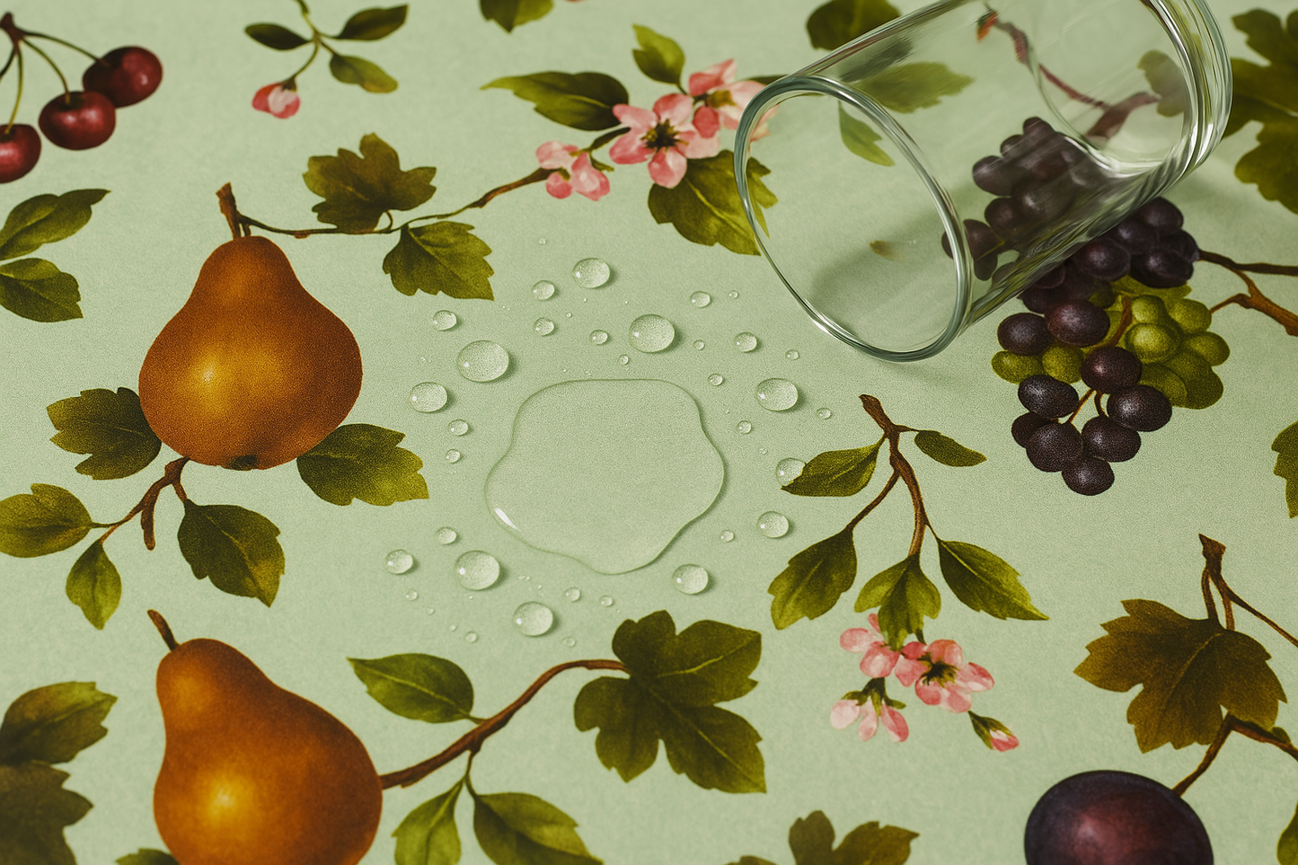 Green Orchard Fruit PEVA Tablecloth – Waterproof with Grapes, Pears & Cherries