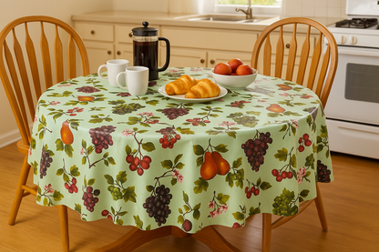 Green Orchard Fruit PEVA Tablecloth – Waterproof with Grapes, Pears & Cherries