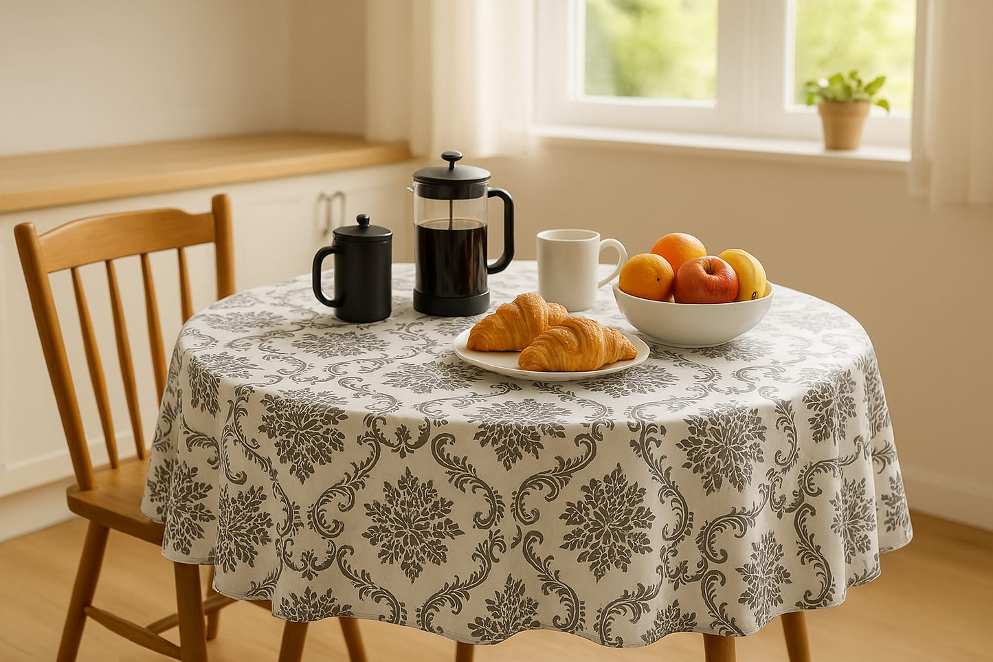 Gray Damask Scroll PEVA Tablecloth – Elegant Waterproof Design