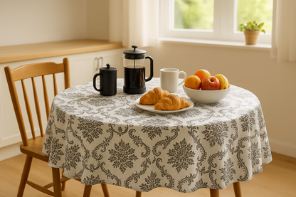 Gray Damask Scroll PEVA Tablecloth – Elegant Waterproof Design