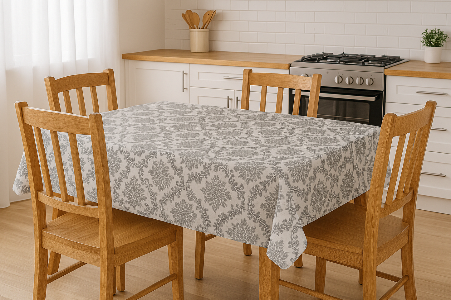 Gray Damask Scroll PEVA Tablecloth – Elegant Waterproof Design
