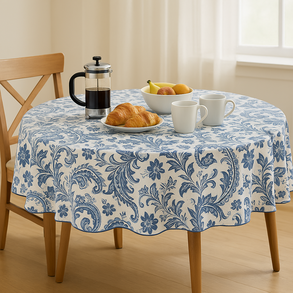 Blue Vintage Paisley Floral PEVA Tablecloth – Flannel Backed