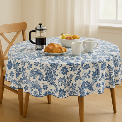 Blue Vintage Paisley Floral PEVA Tablecloth – Flannel Backed
