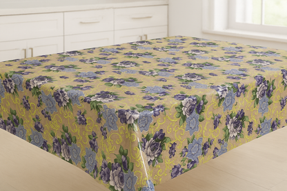 Royal Rose Scrollwork PEVA Tablecloth – Waterproof with Elegant Purple & Blue Floral Design