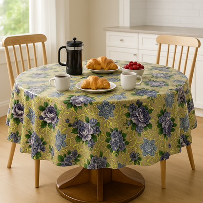 Royal Rose Scrollwork PEVA Tablecloth – Waterproof with Elegant Purple & Blue Floral Design