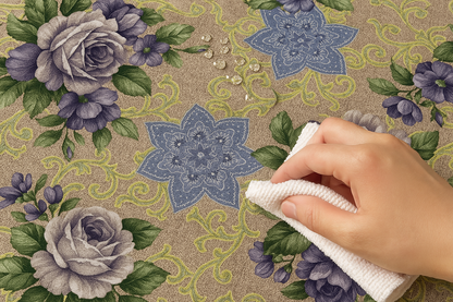 Royal Rose Scrollwork PEVA Tablecloth – Waterproof with Elegant Purple & Blue Floral Design