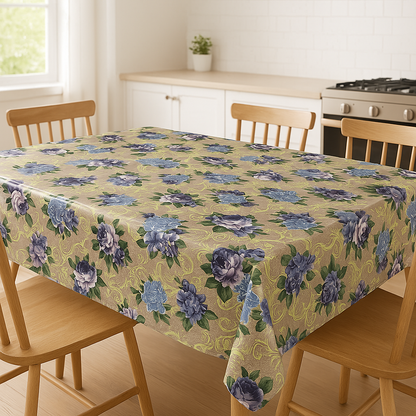 Royal Rose Scrollwork PEVA Tablecloth – Waterproof with Elegant Purple & Blue Floral Design