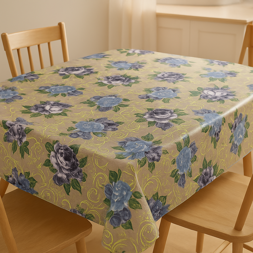 Royal Rose Scrollwork PEVA Tablecloth – Waterproof with Elegant Purple & Blue Floral Design